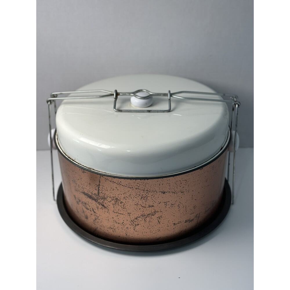 Vintage Tin Metal Cake & Pie Carrier Tote Saver Cover Copper White Mid Century